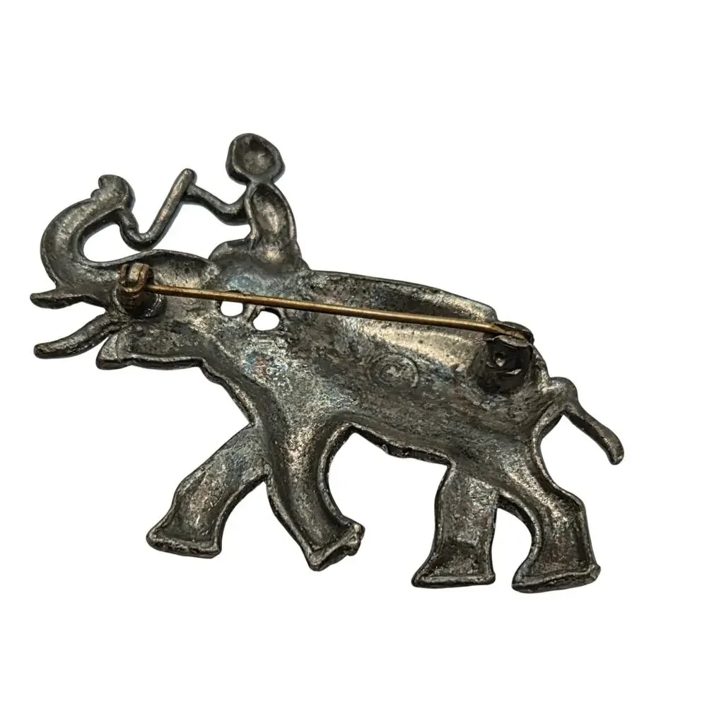 Vintage Elephant Rider Brooch Lucky Raised Trunk Figural Pin